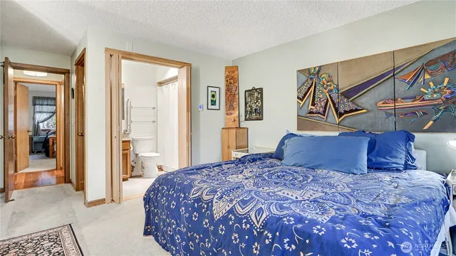 a bedroom with a large bed and a chandelier