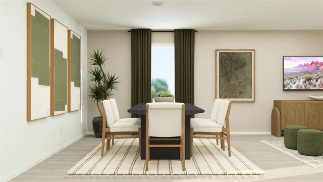 a dining room with wooden floor and a floor to ceiling window