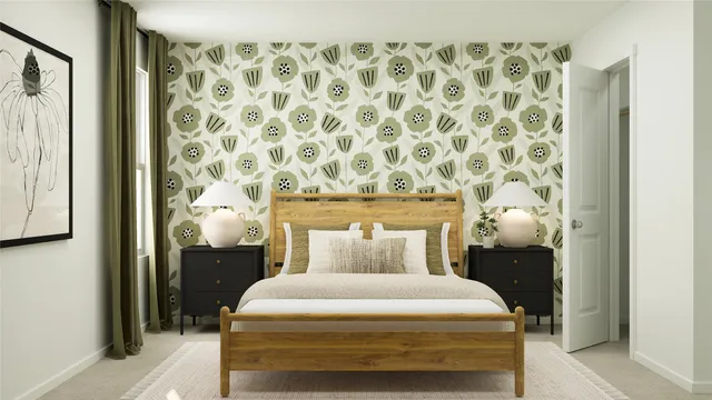 a bedroom with a bed and a mirror