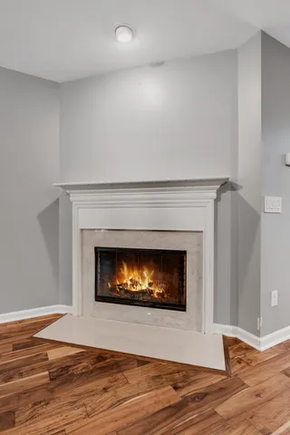 a living room with a fireplace