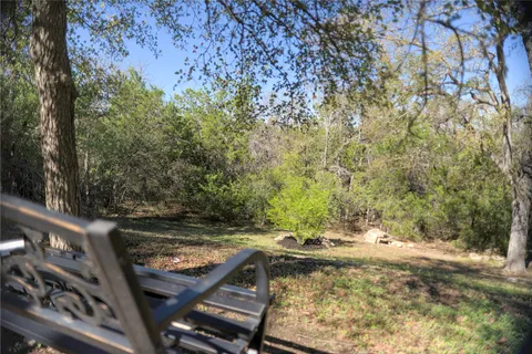a view of a yard with large trees