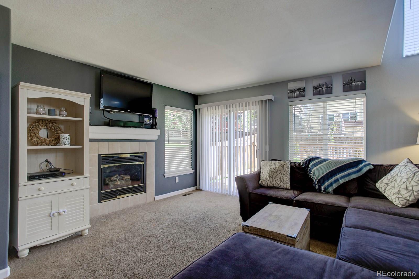 9847 Sydney Lane Highlands Ranch, CO 80130 - Photo 12 of 32 a living room with furniture a flat screen tv and a fireplace