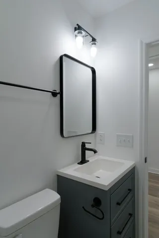 a bathroom with a sink toilet and mirror