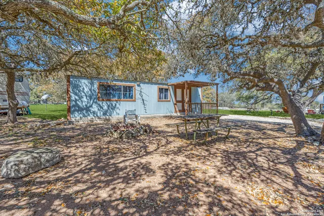 a view of a park with large trees