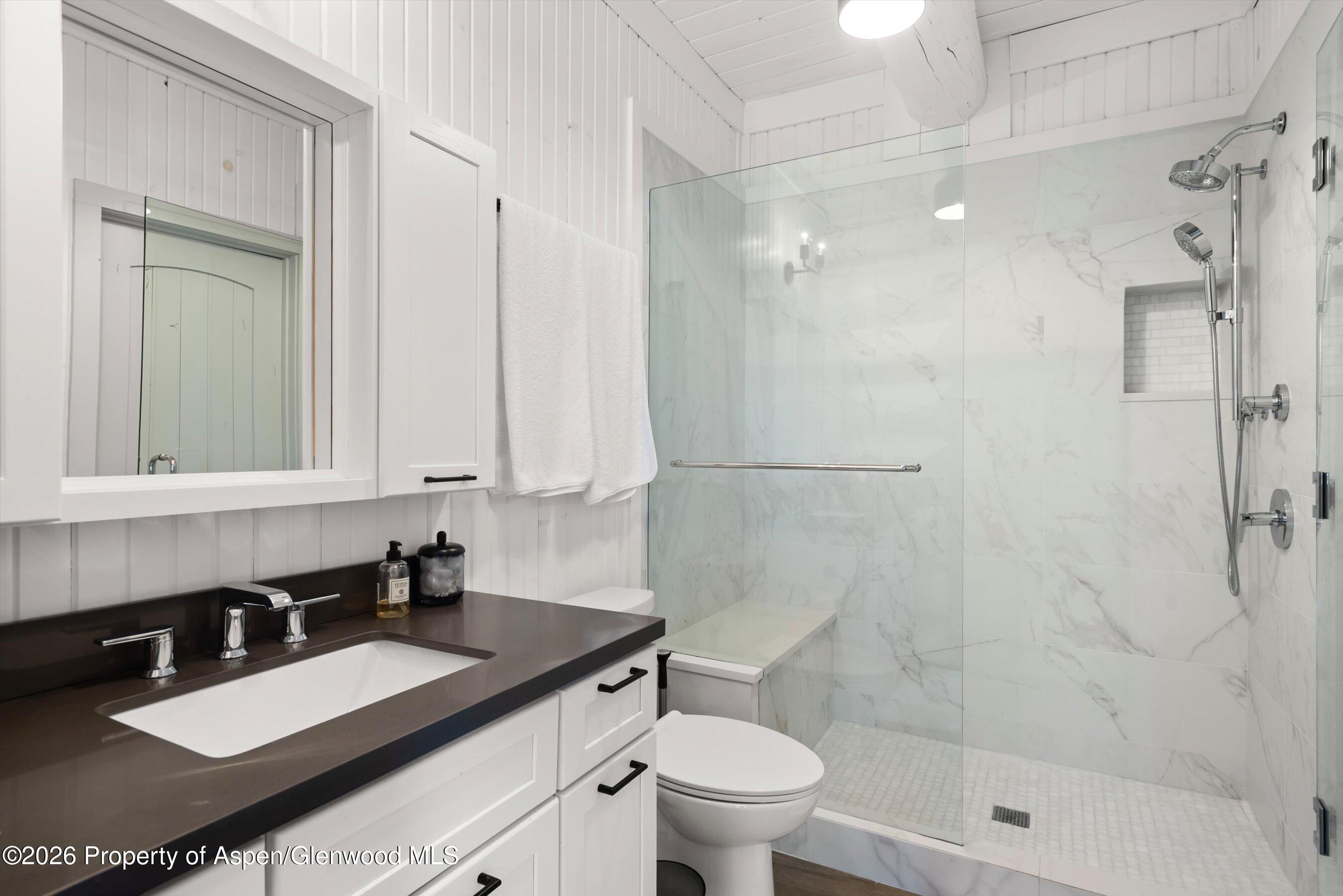1258 Juniper Hill Road Aspen, CO 81611 - Photo 15 of 25 a bathroom with a granite countertop sink a toilet a mirror and shower