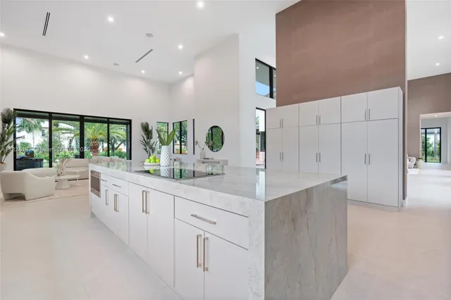 a living room with furniture large window and a potted plant