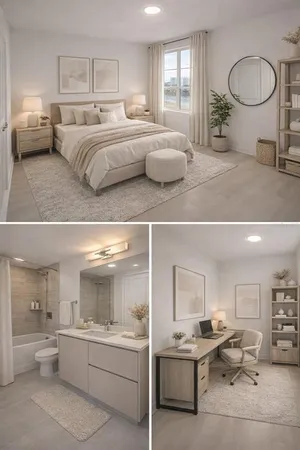 a bedroom with a large bed and furniture