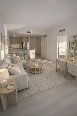 a living room with furniture and a table