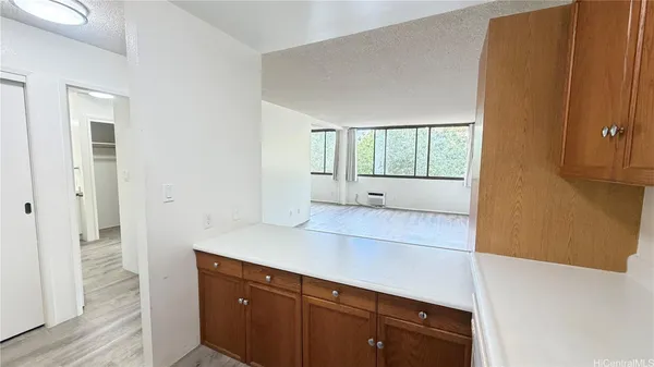 a view of a kitchen from the hallway