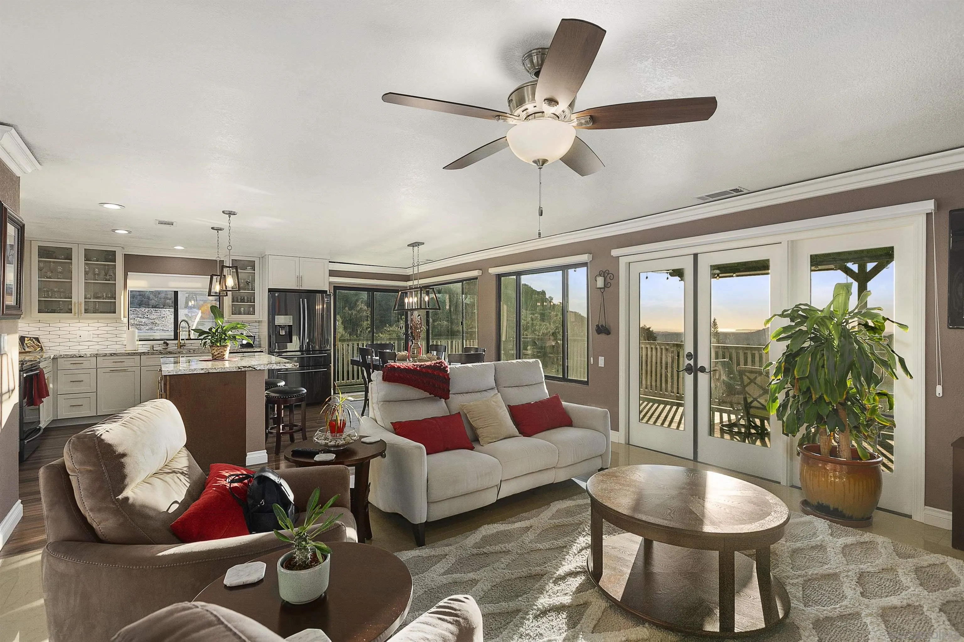 a living room with furniture and a potted plant
