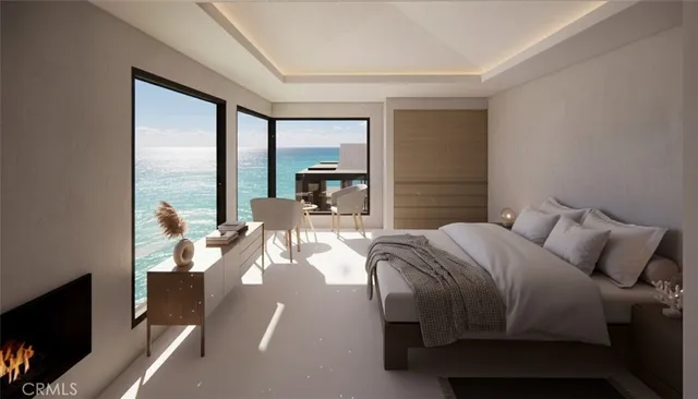 a bedroom with a bed and large windows