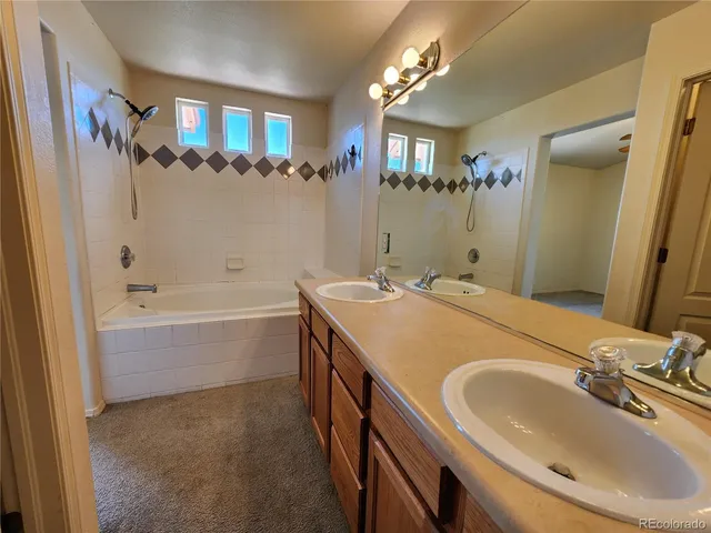 a bathroom with a tub sink and mirror