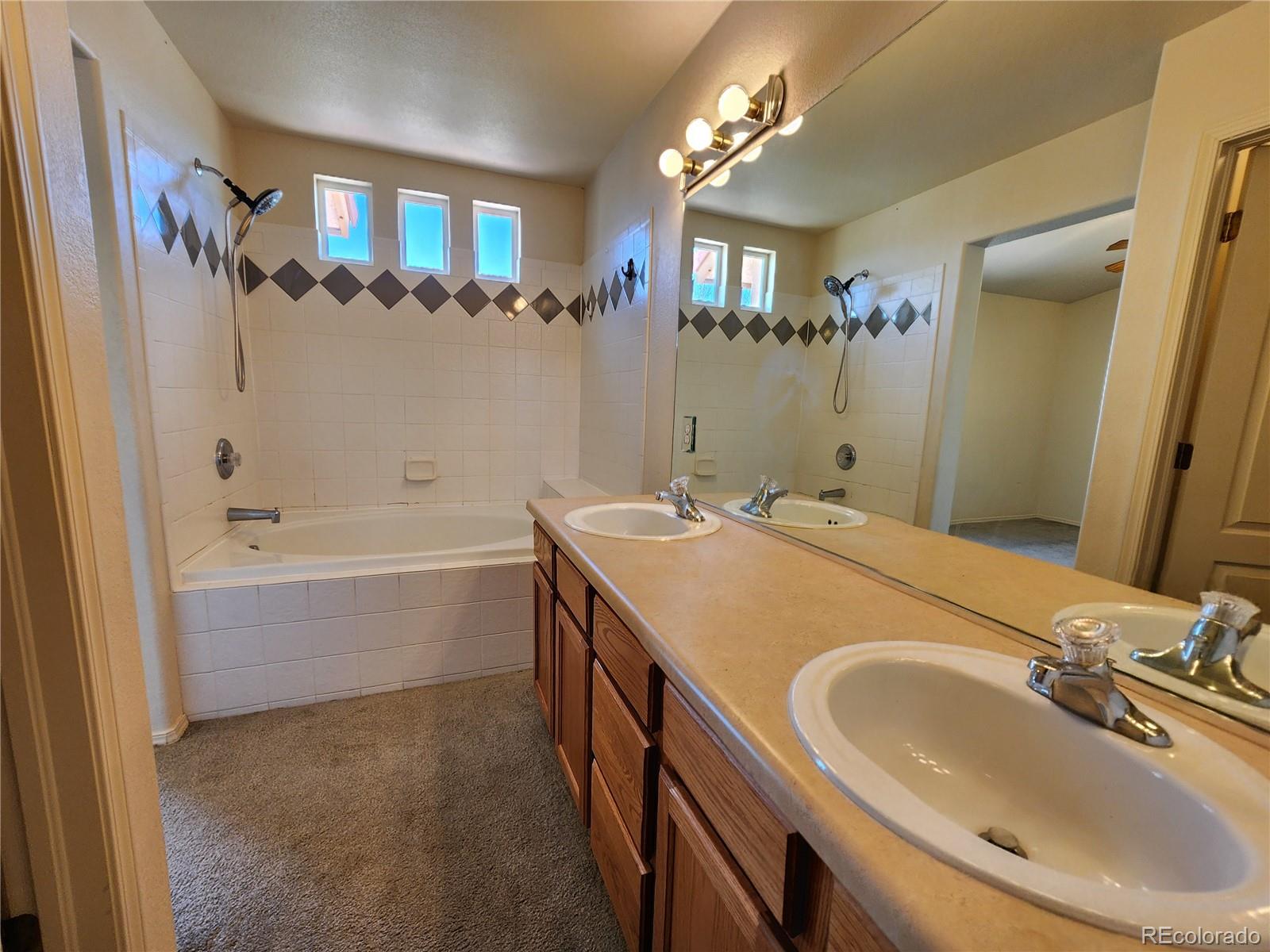 7022 Sand Crest View Colorado Springs, CO 80923 - Photo 14 of 16 a bathroom with a tub sink and mirror