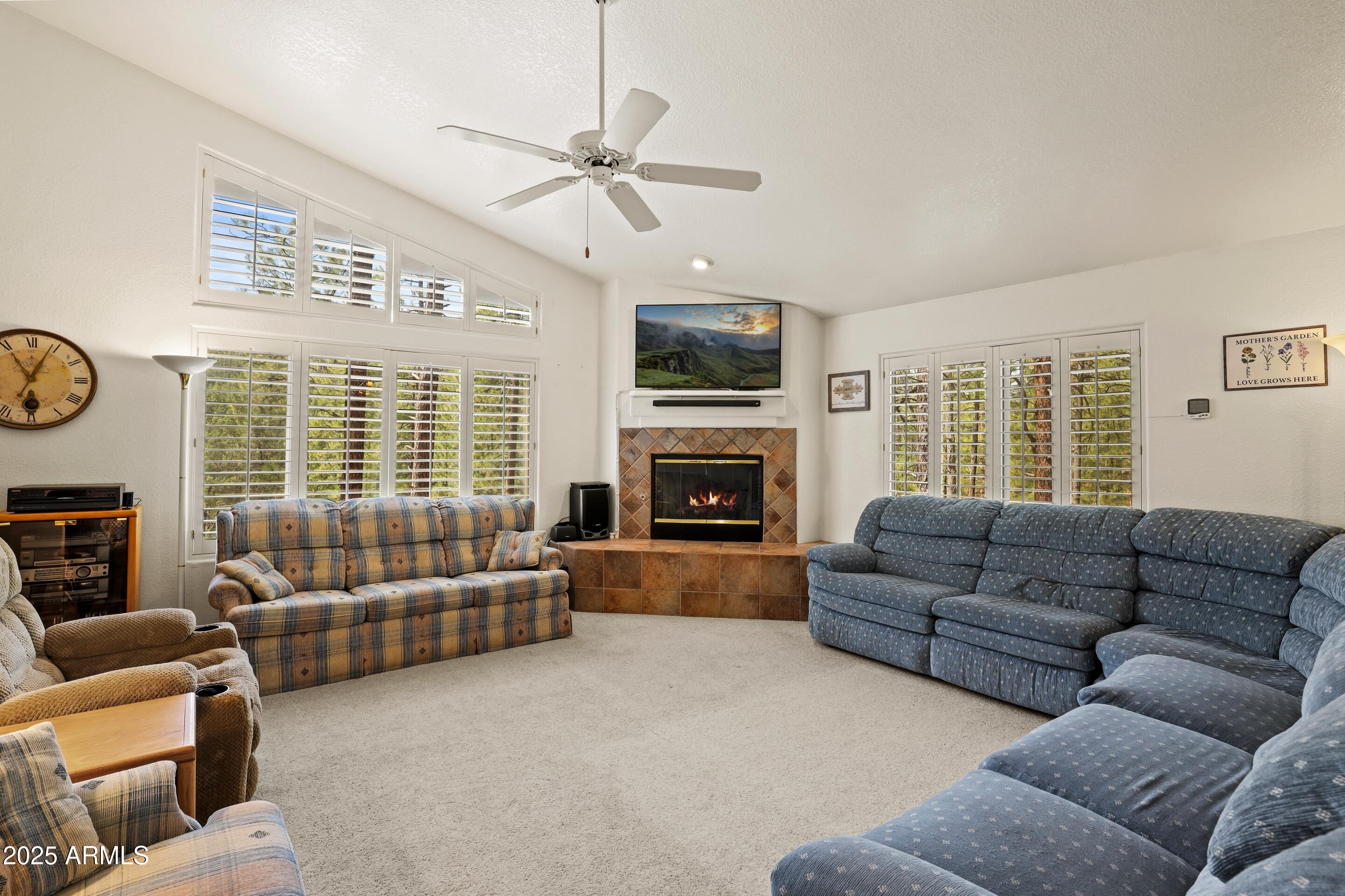 269 Homestead Lane Payson, AZ 85541 - Photo 24 of 38 a living room with furniture a flat screen tv and a fireplace