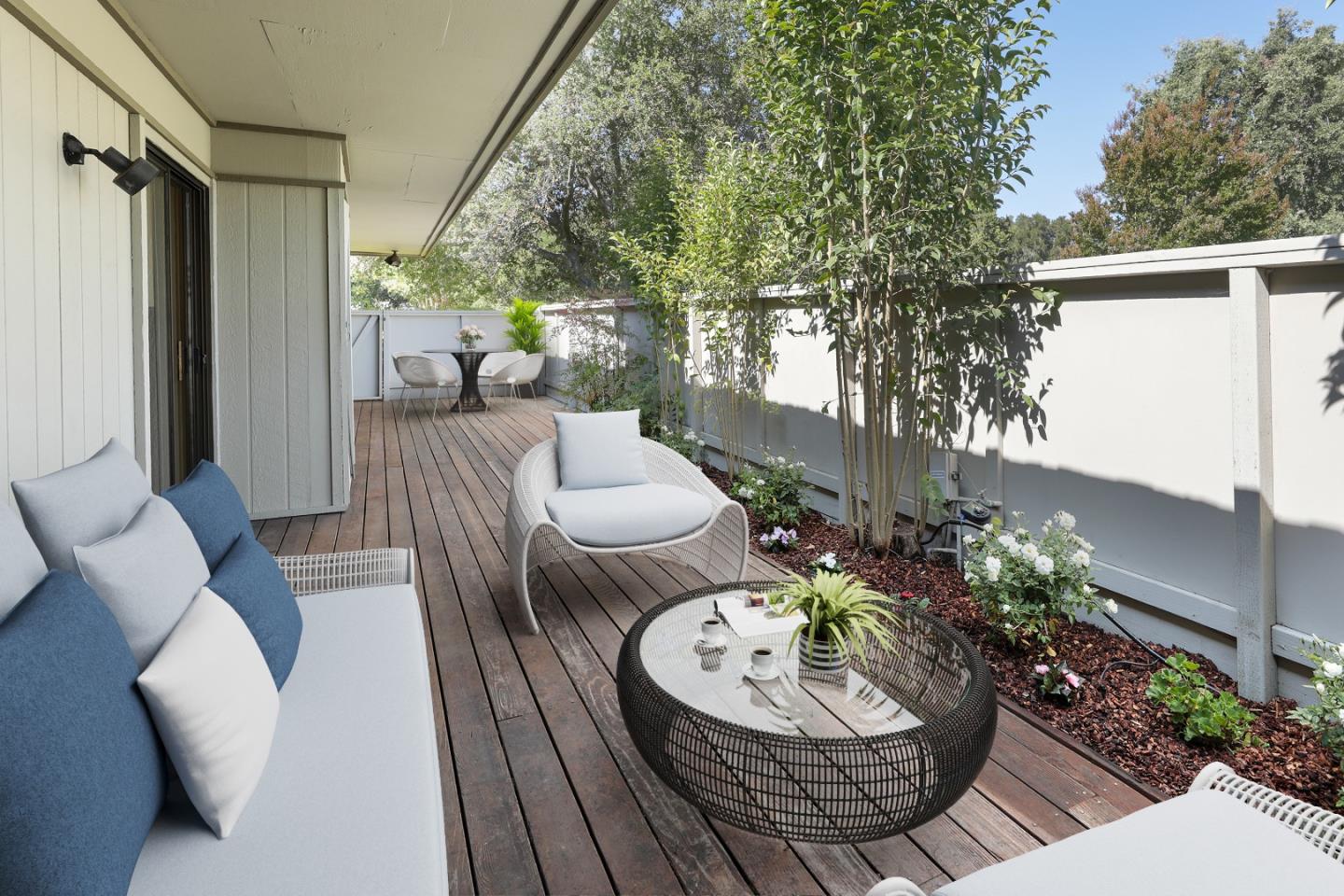 47 Bay Tree Lane Los Altos, CA 94022 - Photo 28 of 34 a view of a balcony with table and chairs potted plants with bedroom view
