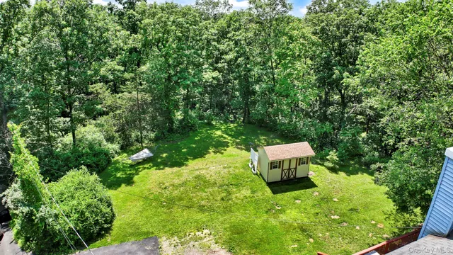 a view of a lush green forest with a house in the background