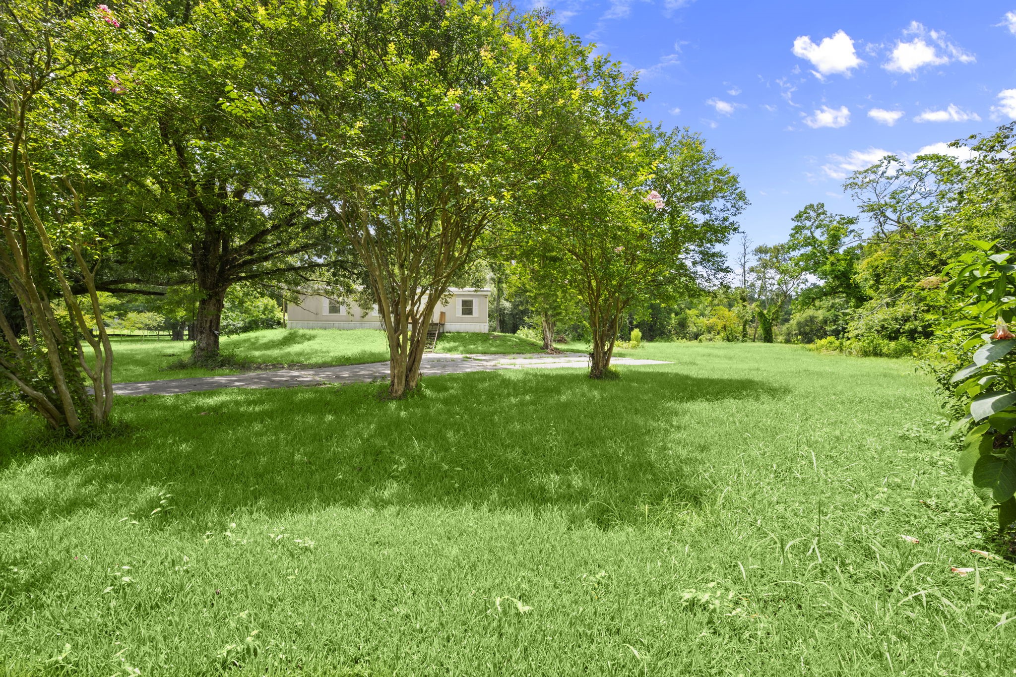 a view of grassy field with benches