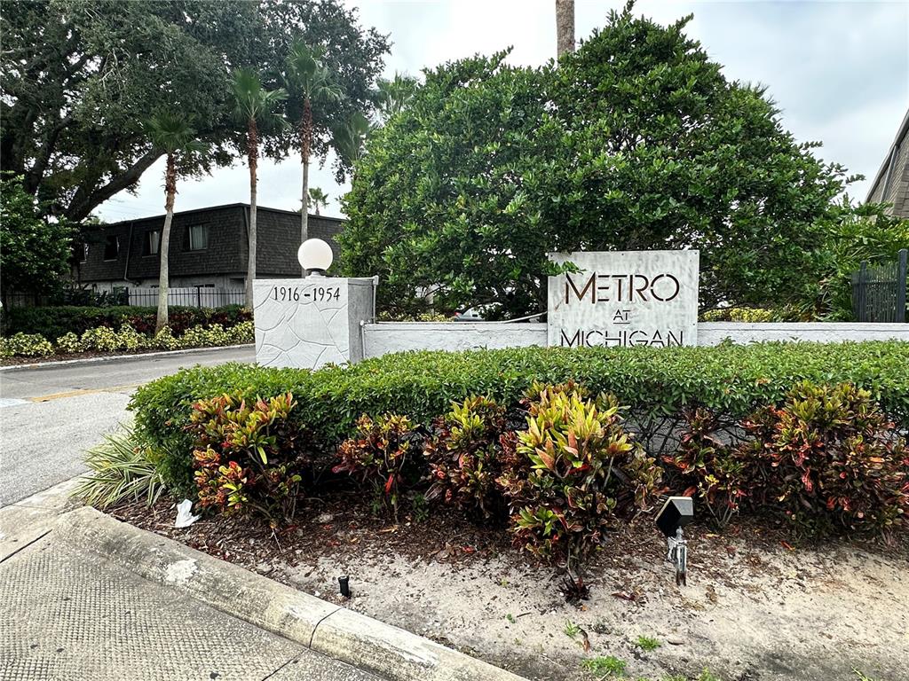 a view of a sign in a garden