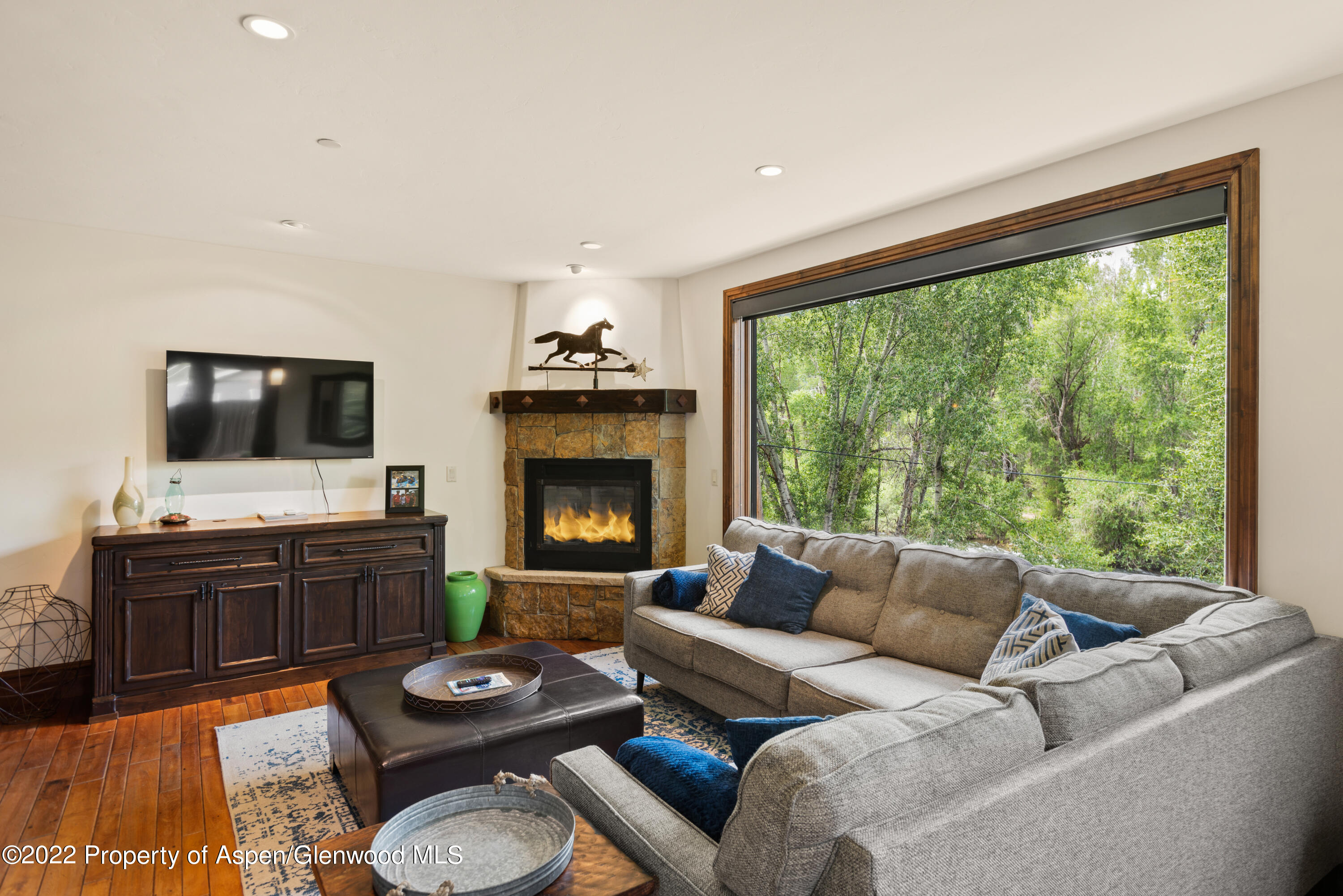 23272 2 Rivers Road, Unit 201 Basalt, CO 81621 - Photo 10 of 25 a living room with furniture a flat screen tv and a fireplace