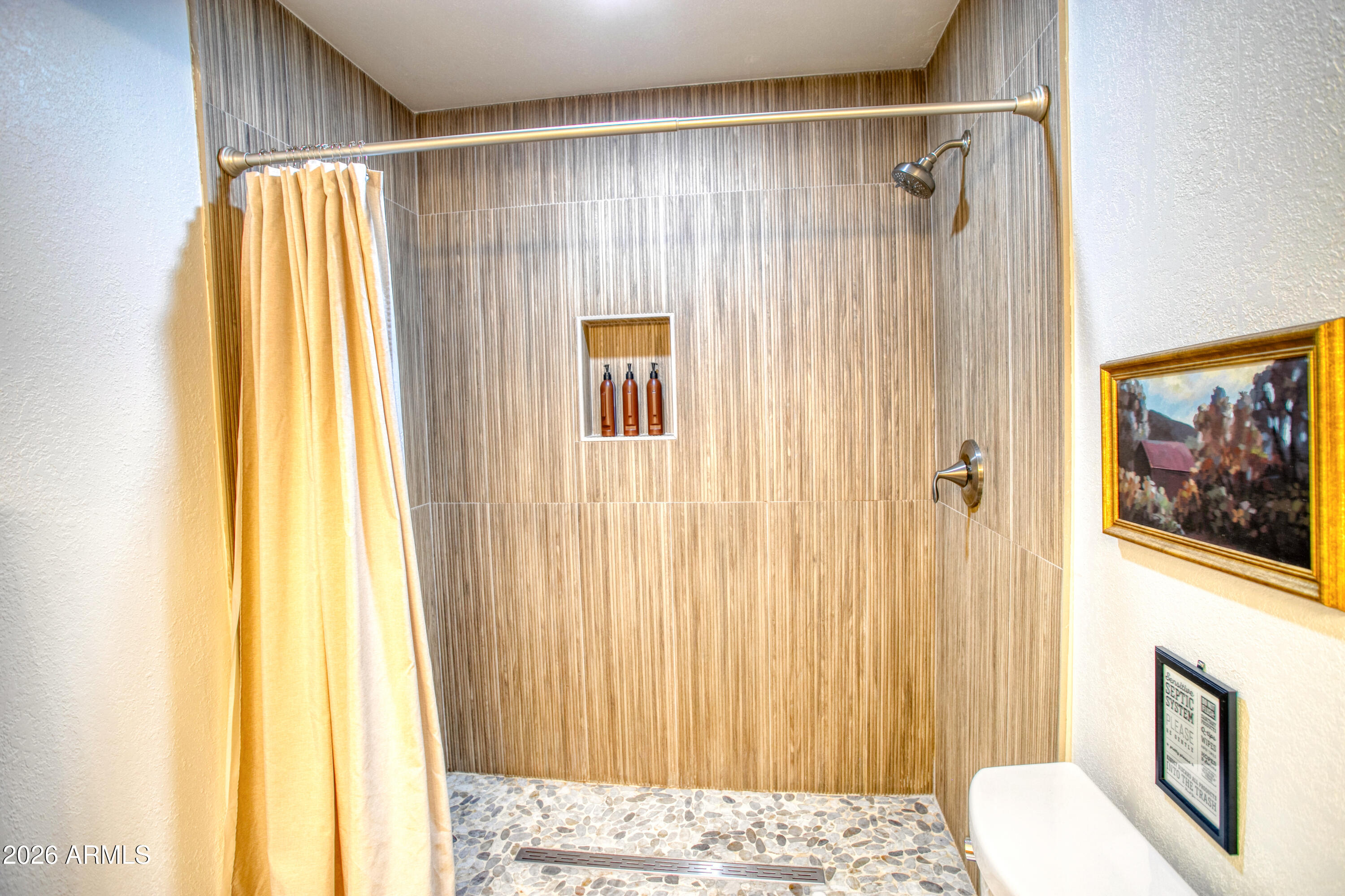 7414 Geronimo Road Pinetop, AZ 85935 - Photo 52 of 67 a bathroom with a shower curtain and a window