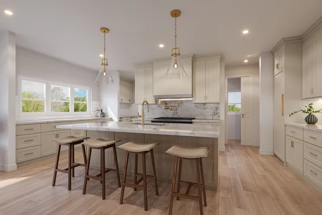 a kitchen with stainless steel appliances granite countertop wooden floor window and chairs