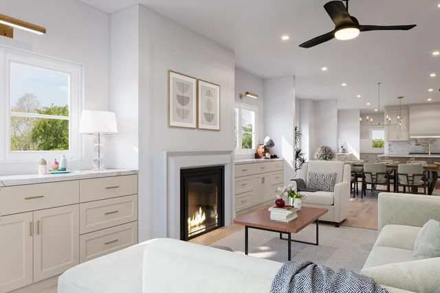 a living room with furniture a fireplace and a potted plant