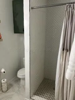 a bathroom with a granite countertop shower and a toilet