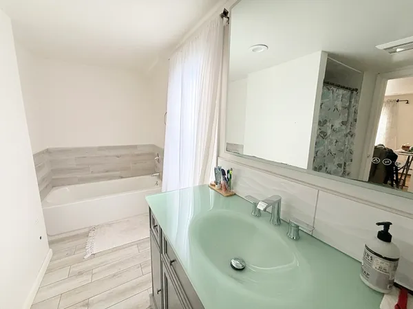 a bathroom with a tub sink and mirror