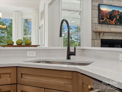 a view of living room with granite countertop a sink a potted plant and cabinets