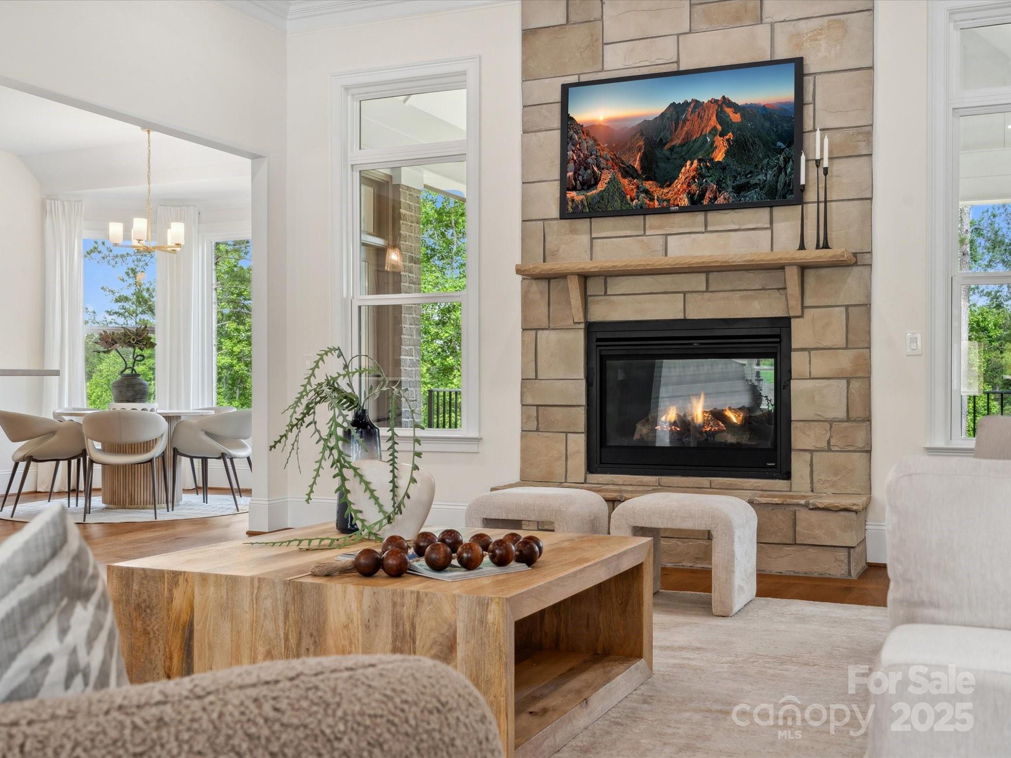 2024 Jumping Run Connelly Springs, NC 28612 - Photo 7 of 48 a living room with furniture a fireplace and a flat screen tv