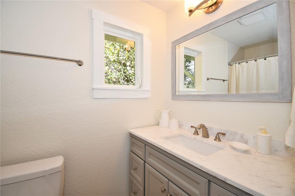 1245 Alexander Street Mount Dora, FL 32757 - Photo 45 of 55 a bathroom with a granite countertop sink a toilet and a mirror