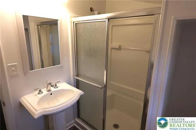 a bathroom with a sink a mirror and a shower