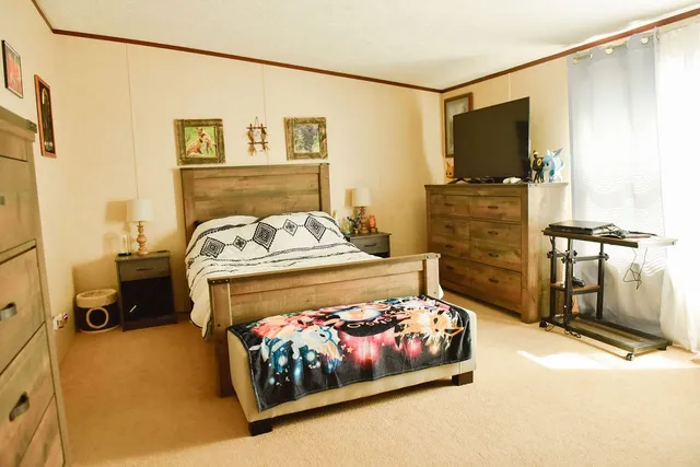 a bedroom with a bed and a flat screen tv