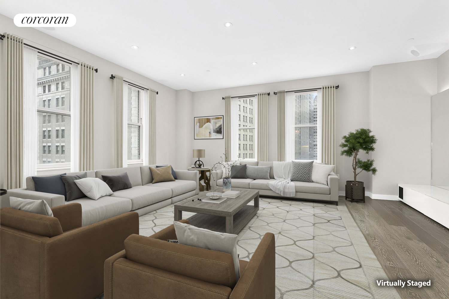 a living room with furniture and large windows