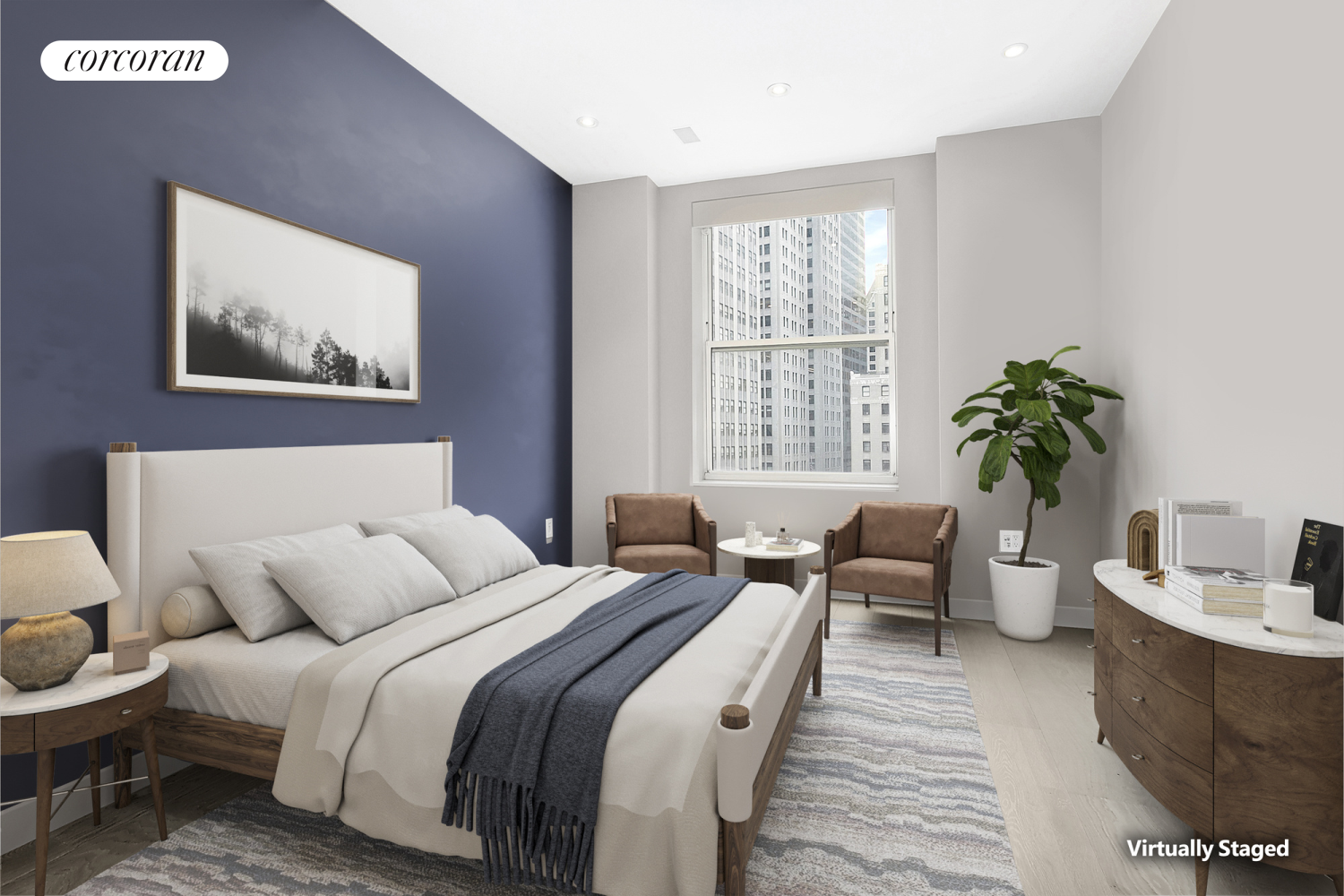 15 Broad Street, Unit 1610 Manhattan, NY 10005 - Photo 4 of 8 a bedroom with furniture and a large window