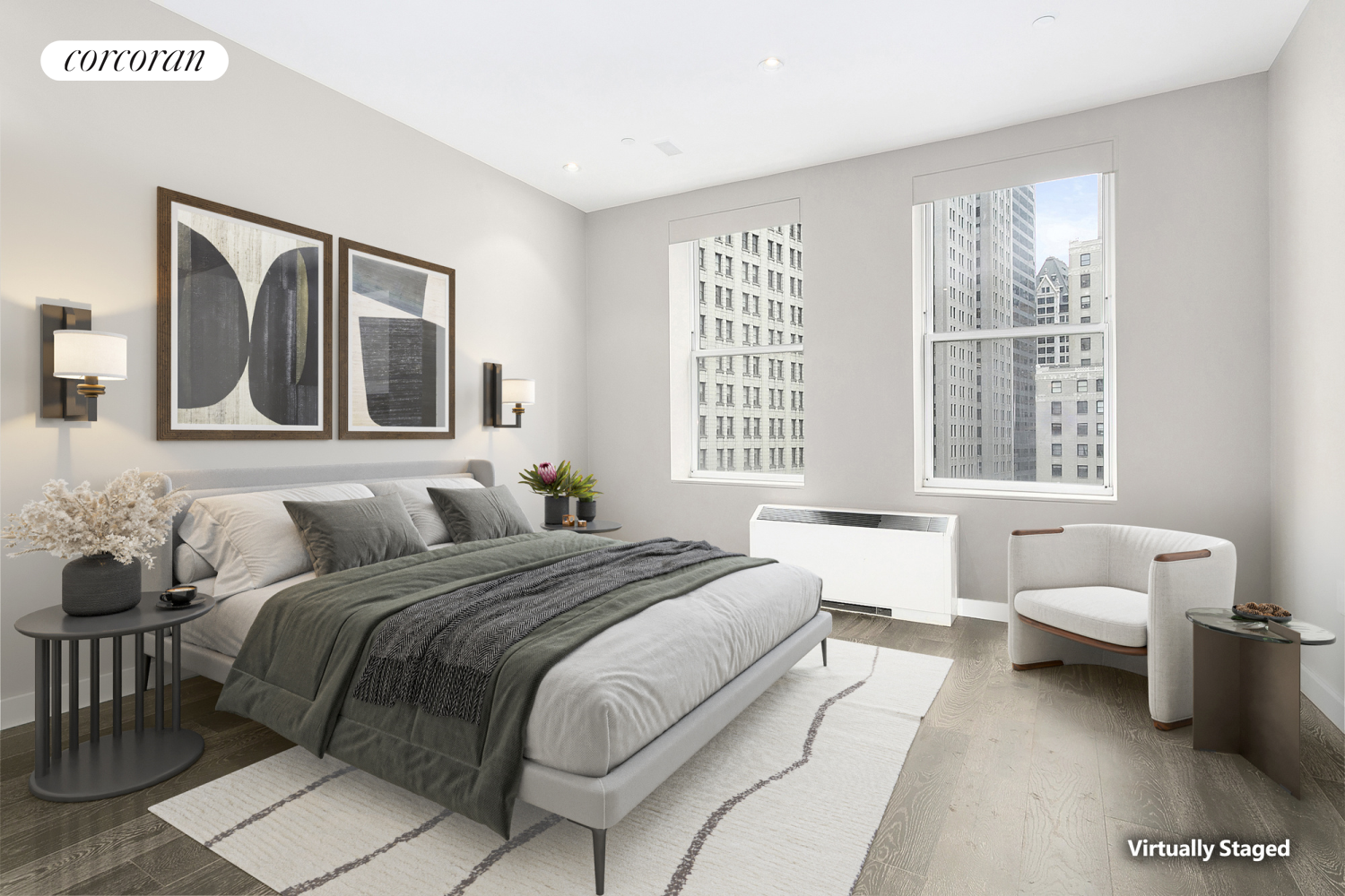 15 Broad Street, Unit 1610 Manhattan, NY 10005 - Photo 6 of 8 a bedroom with a bed and a large window