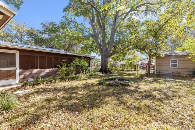 a view of a yard with plants and tree