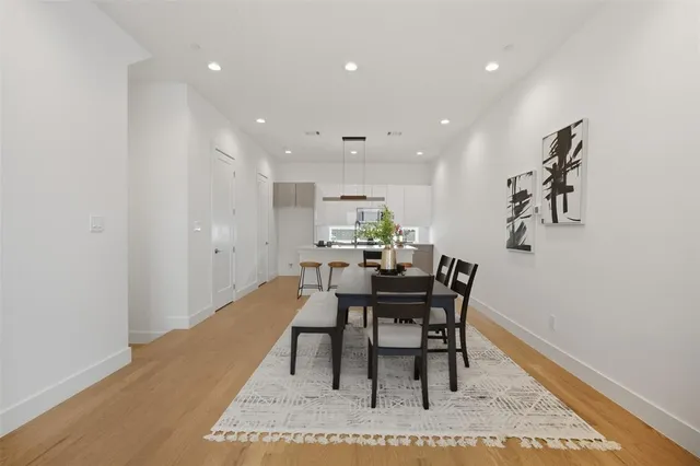 a view of a dining room with furniture