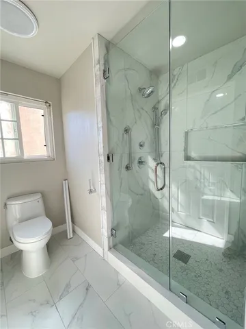 a bathroom with a shower and toilet