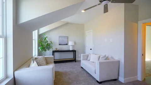 a living room with furniture and a potted plant