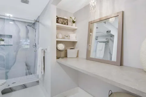 a bathroom with a shower and a toilet