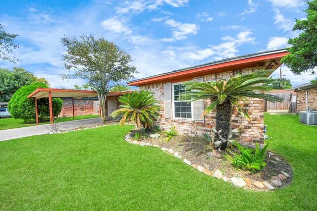 a view of a house with a yard potted plants and a large tree