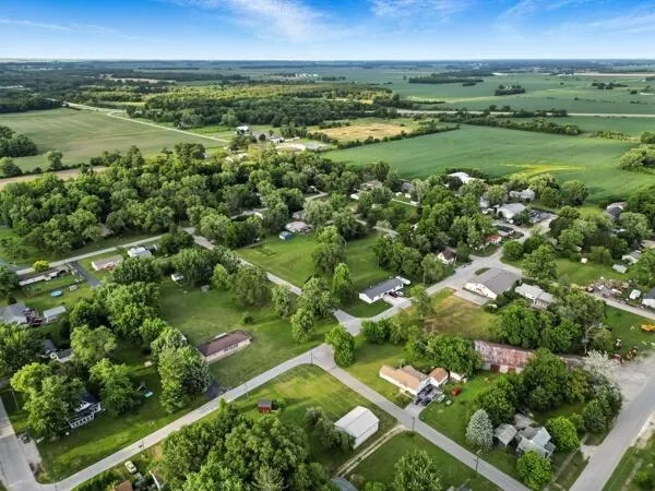 an aerial view of residential houses with outdoor space and trees