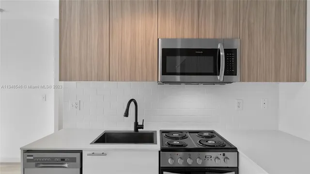 a kitchen with a stove and a microwave