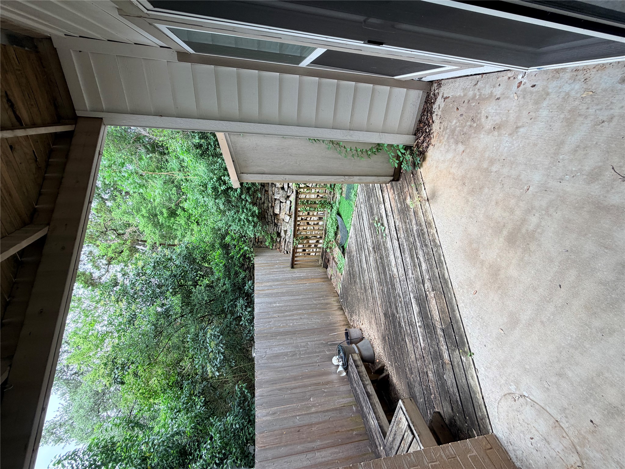6600 Valleyside Road, Unit D20 Austin, TX 78731 - Photo 12 of 14 A private wooden deck and concrete patio area offer a tranquil outdoor retreat amidst lush greenery.