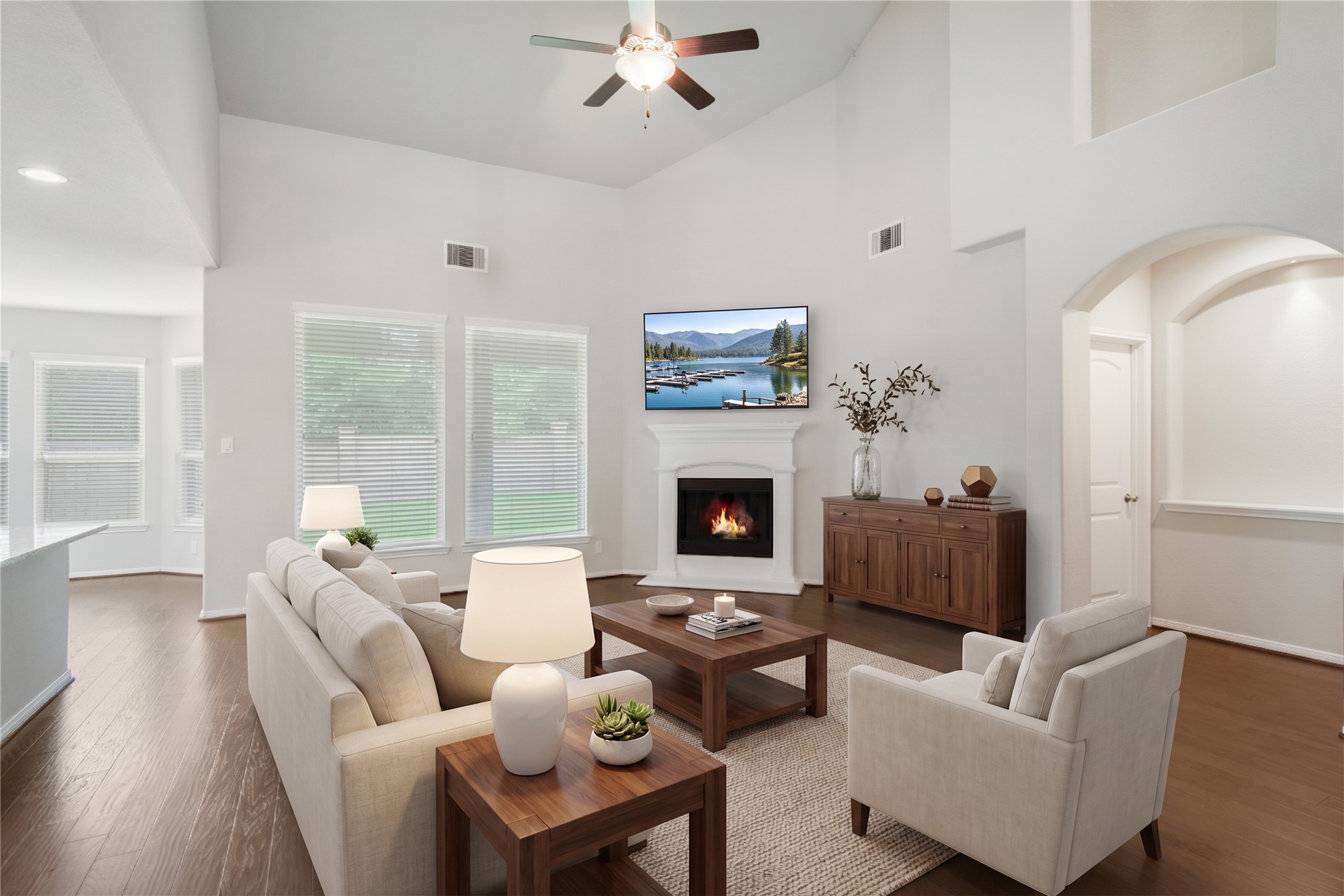 23018 Southern Brk Trail Spring, TX 77389 - Photo 10 of 43 Living room with high ceilings and gas fireplace.