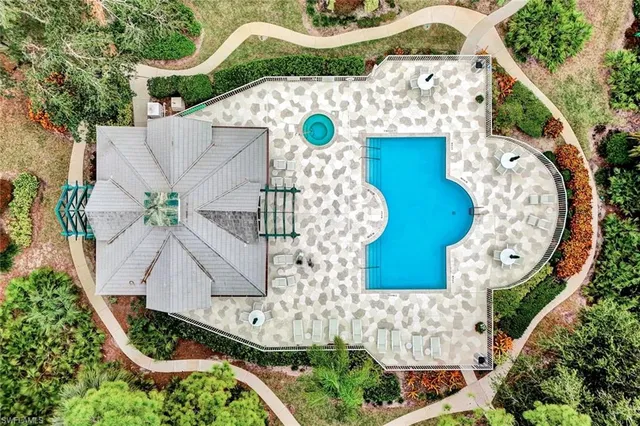 an aerial view of a swimming pool