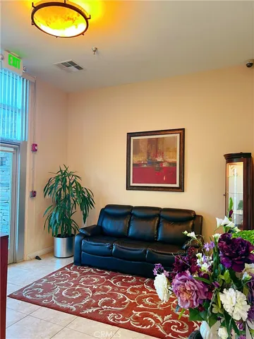 a living room with furniture and a potted plant