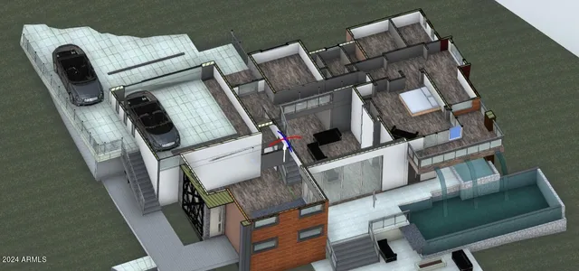 an aerial view of a house with backyard space