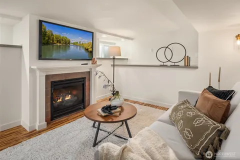 a living room with furniture a rug and a fireplace